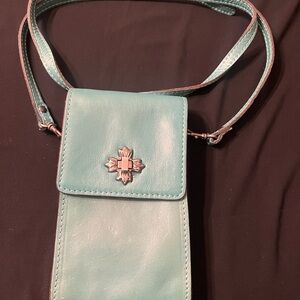 Aqua Cross Accent Leather Phone Pouch